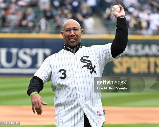 Chicago White Sox legend and Baseball Hall of Fame Harold Baines acknowledges the fans during Opening Day pre-game ceremonies prior to the game...
