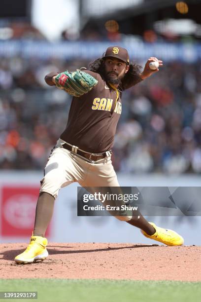 Sean Manaea of the San Diego Padres pitches against the San Francisco Giants in the first inning at Oracle Park on April 13, 2022 in San Francisco,...
