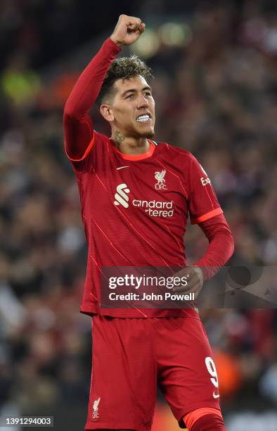 Roberto Firmino of Liverpool celebrates after scoring the third goal during the UEFA Champions League Quarter Final Leg Two match between Liverpool...