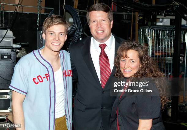 Hunter Parrish, Jim Bob Duggar and Michelle Duggar pose backstage at the hit musical "Godspell" on Broadway at The Circle in The Square Theater on...