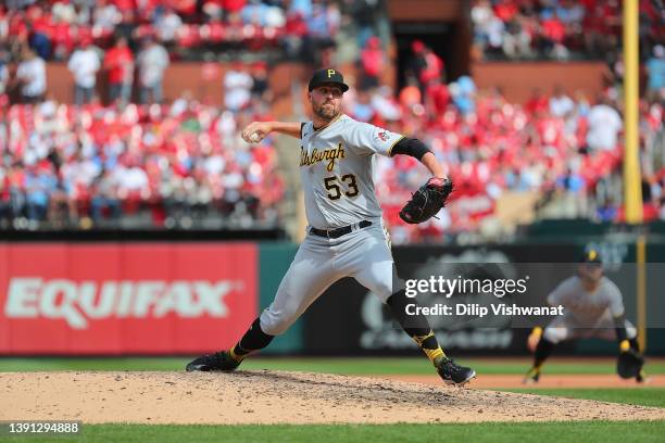 Heath Hembree of the Pittsburgh Pirates pitches against the St. Louis Cardinals at Busch Stadium on April 10, 2022 in St Louis, Missouri.