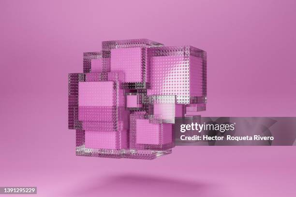 big amount of  many pink glass cubes in pink background, 3d render - digital composite image stock pictures, royalty-free photos & images