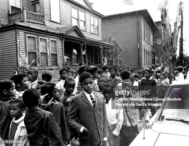 View of students as they leave the Christopher Gibson School en masse, in the Dorchester neighborhood, Boston, Massachusetts, September 6, 1968. Amid...