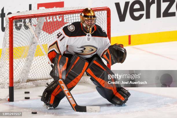 Goaltender Anthony Stolarz of the Anaheim Ducks warms up prior to the game against the Florida Panthers at the FLA Live Arena on April 12, 2022 in...