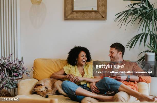 a beautiful, young, happy couple lounge together on a soft, luxurious yellow sofa in a modern living room. their dog naps beside them. - couple home fotografías e imágenes de stock