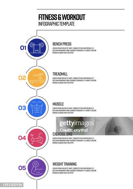 fitness and workout concept vector line infographic design with icons. 5 options or steps for presentation, banner, workflow layout, flow chart etc. - bench press stock illustrations