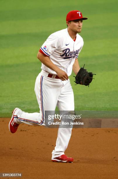 Corey Seager of the Texas Rangers looks on against the Colorado Rockies at Globe Life Field on April 12, 2022 in Arlington, Texas.