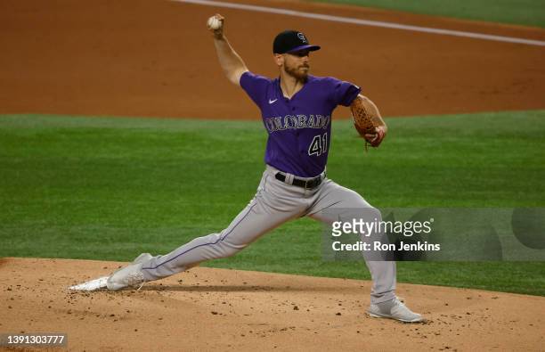 Chad Kuhl of the Colorado Rockies throws against the Texas Rangers during the first inning at Globe Life Field on April 12, 2022 in Arlington, Texas.