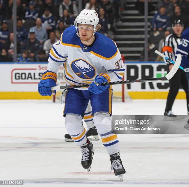 Casey Mittelstadt of the Buffalo Sabres skates against the Toronto Maple Leafs during an NHL game at Scotiabank Arena on April 12, 2022 in Toronto,...