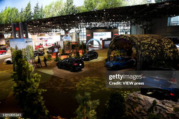 View of the Subaru exhibit during the International Auto Show press preview at the Jacob Javits Convention Center in New York City on April 13, 2022....