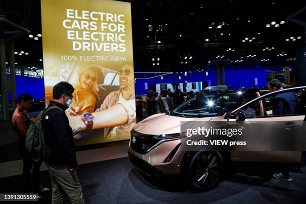 Electronic Nissan is exhibited during the press preview for the International Auto Show at the Jacob Javits Convention Center in New York City on...