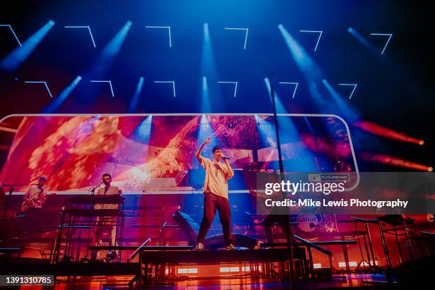 Kyle Simmons and Dan Smith of Bastille perform on stage at Motorpoint Arena Cardiff on April 13, 2022 in Cardiff, Wales.
