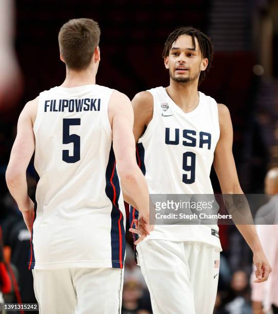 Kyle Filipowski and Dereck Lively II of USA Team warm up before the game against World Team during the Nike Hoop Summit at Moda Center on April 08,...