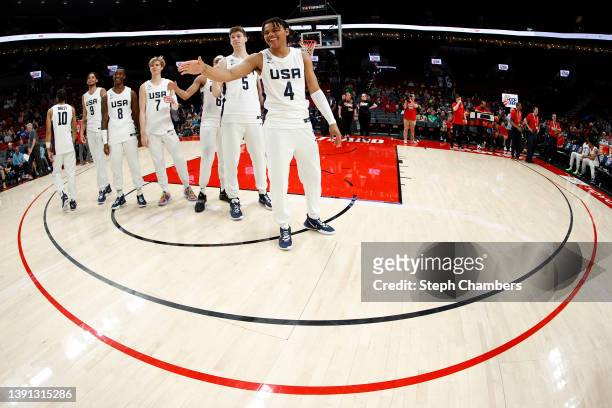 Team gathers before the game against World Team during the Nike Hoop Summit at Moda Center on April 08, 2022 in Portland, Oregon.