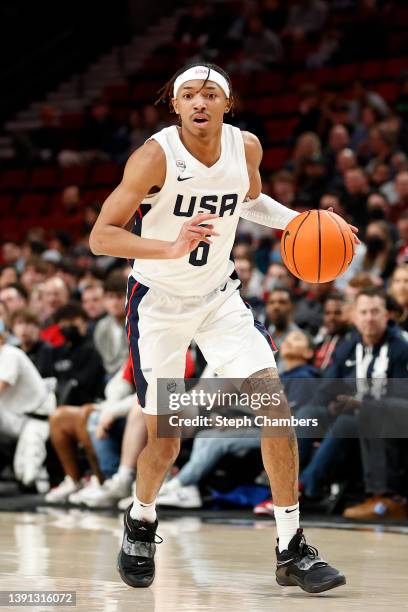 Nick Smith Jr. #6 of USA Team dribbles against World Team in the first quarter during the Nike Hoop Summit at Moda Center on April 08, 2022 in...