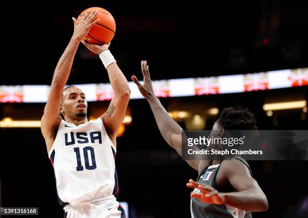 Amari Bailey of USA Team in action against World Team in the second quarter during the Nike Hoop Summit at Moda Center on April 08, 2022 in Portland,...