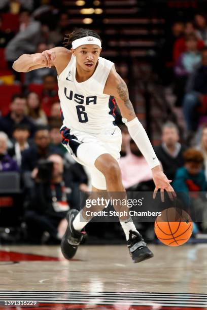 Nick Smith Jr. #6 of USA Team dribbles against World Team in the second quarter during the Nike Hoop Summit at Moda Center on April 08, 2022 in...