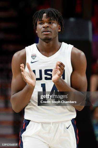 Jarace Walker of USA Team reacts against World Team in the third quarter during the Nike Hoop Summit at Moda Center on April 08, 2022 in Portland,...