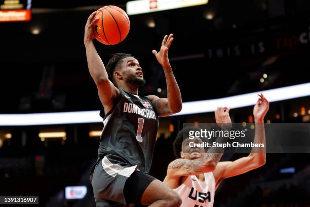 Jean Montero of World Team shoots against USA Team in the third quarter during the Nike Hoop Summit at Moda Center on April 08, 2022 in Portland,...