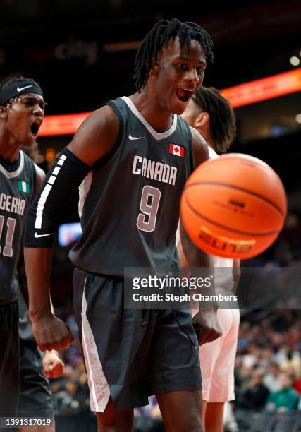 Leonard Miller of World Team reacts during the third quarter against USA Team during the Nike Hoop Summit at Moda Center on April 08, 2022 in...