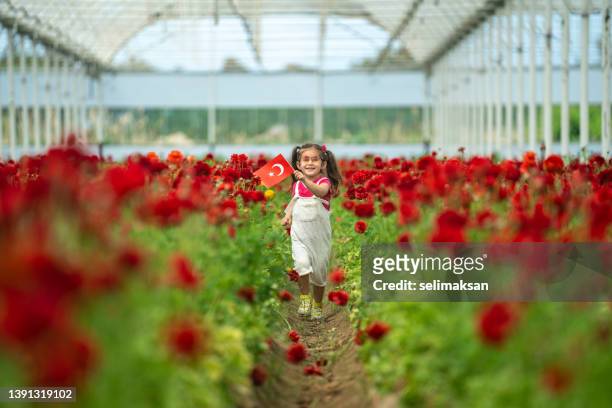 niña preescolar sosteniendo la bandera turca en el jardín de flores - bandera turca fotografías e imágenes de stock
