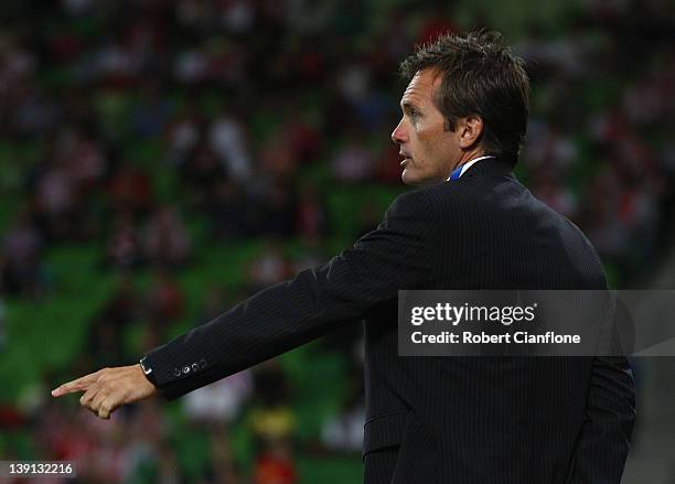 Gold Coast United coach Mike Mulvey gestures during the round 20 A-League match between the Melbourne Heart and Gold Coast United at AAMI Park on...