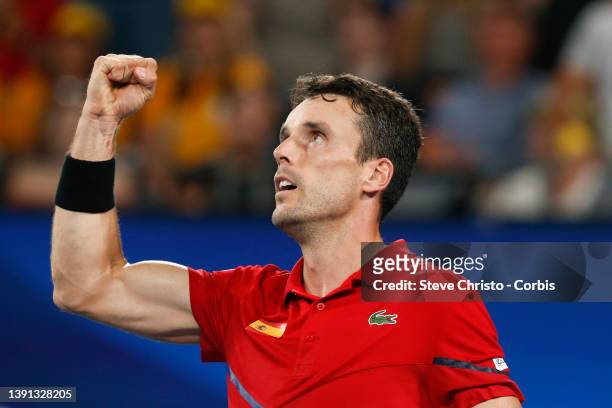 Roberto Bautista Agut of Spain rests to winning the match against Australia's Nick Kyrgios during their 2020 ATP Cup tie on day nine between...