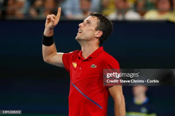 Roberto Bautista Agut of Spain rests to winning the match against Australia's Nick Kyrgios during their 2020 ATP Cup tie on day nine between...