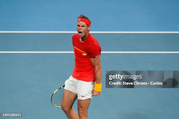 Rafael Nadal of Spain reacts to winning his match against Australia's Alex de Minaur during their 2020 ATP Cup tie on day nine between Australia and...