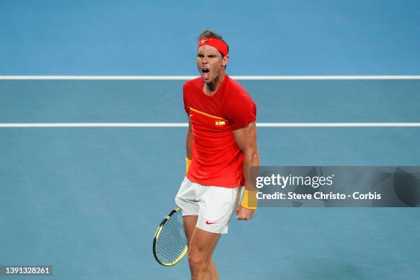 Rafael Nadal of Spain reacts to winning his match against Australia's Alex de Minaur during their 2020 ATP Cup tie on day nine between Australia and...