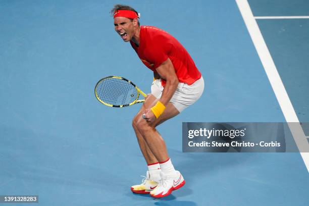 Rafael Nadal of Spain reacts to winning his match against Australia's Alex de Minaur during their 2020 ATP Cup tie on day nine between Australia and...