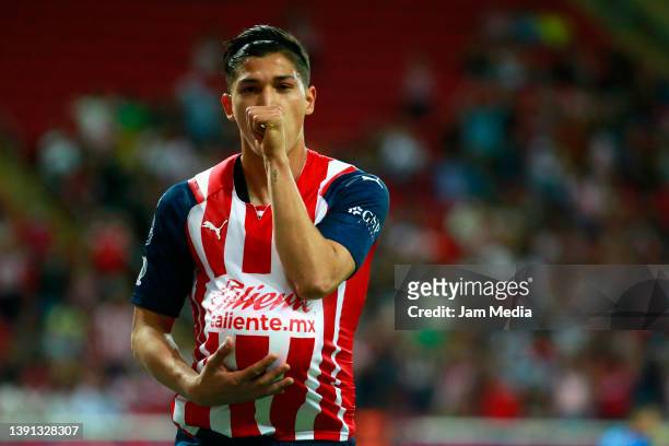Angel Zaldivar of Chivas celebrates after score the first goal for his team during the 12th round match between Chivas and Monterrey as part of the...