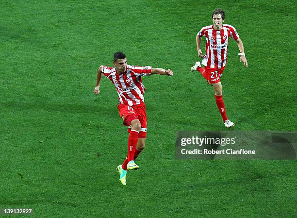 Eli Babalj of the Heart celebrates his goal during the round 20 A-League match between the Melbourne Heart and Gold Coast United at AAMI Park on...