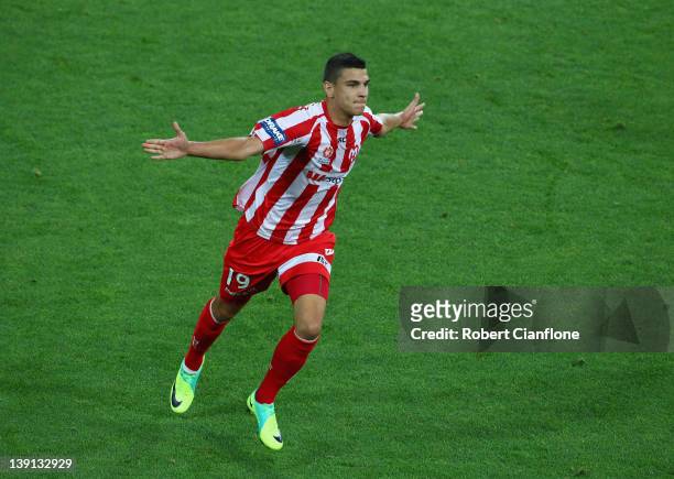 Eli Babalj of the Heart celebrates his goal during the round 20 A-League match between the Melbourne Heart and Gold Coast United at AAMI Park on...