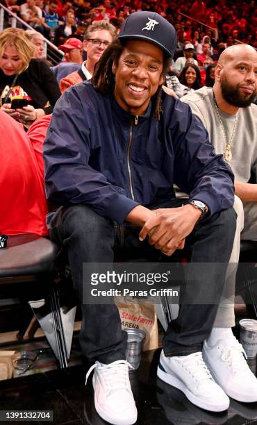 Rapper Jay-Z attends the game between the Charlotte Hornets and the Atlanta Hawks during the 2022 Play-In Tournament on April 13, 2022 at State Farm...