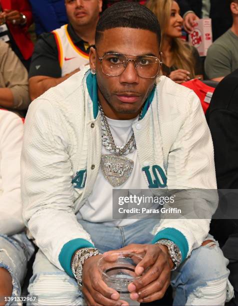 Rapper Nelly attends the game between the Charlotte Hornets and the Atlanta Hawks during the 2022 Play-In Tournament on April 13, 2022 at State Farm...