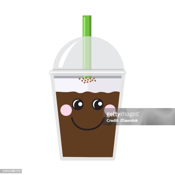 happy emoji kawaii face on bubble or boba tea chocolate with cream cheese foam flavor full color icon on white background - chocolate face stock illustrations