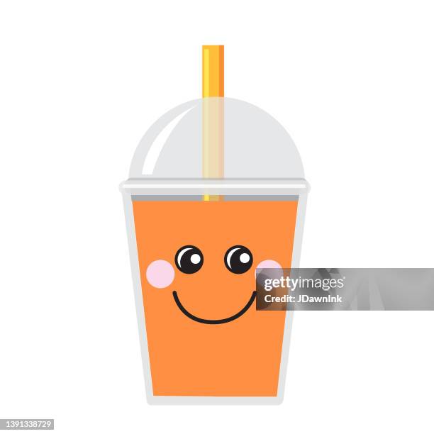happy emoji kawaii face on bubble or boba tea mango flavor full color icon on white background - mango white background stock illustrations