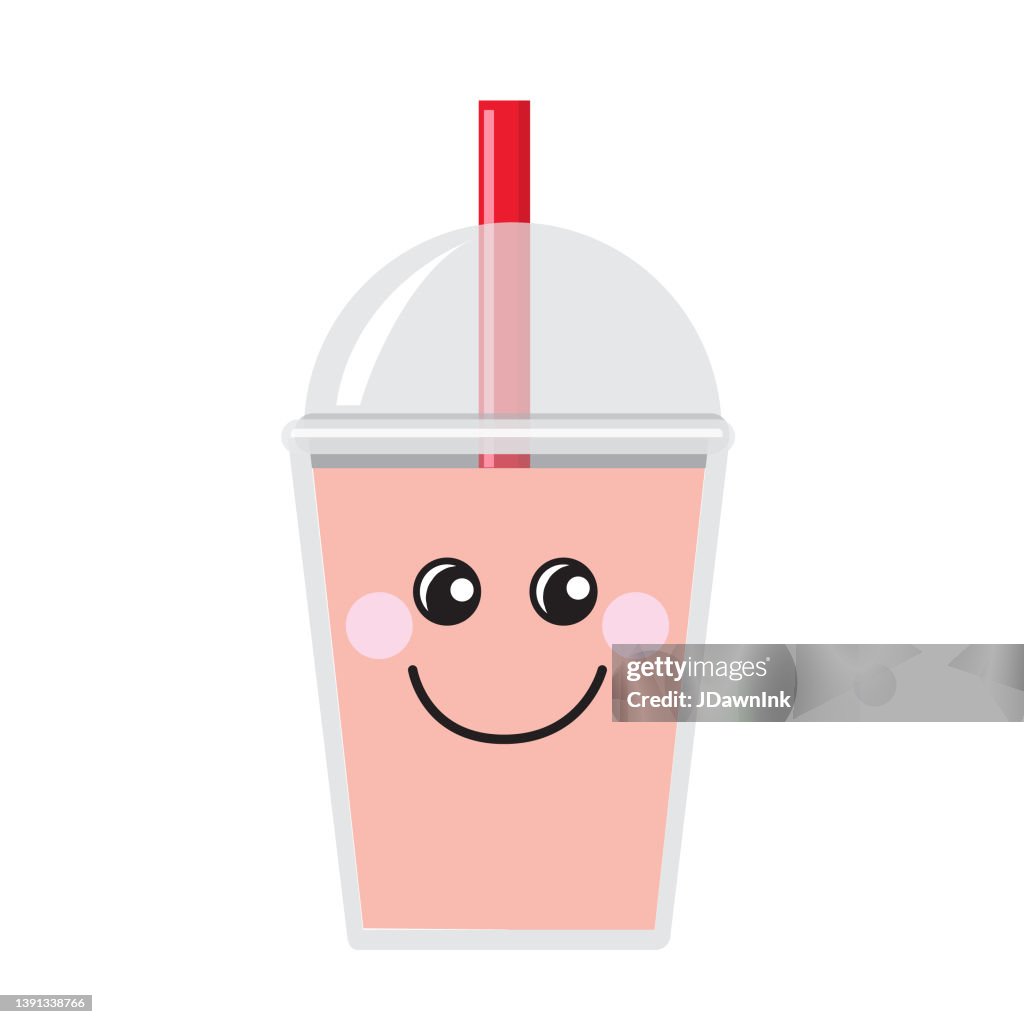 Happy Emoji Kawaii face on Bubble or Boba Tea Peach Flavor Full color Icon on white background