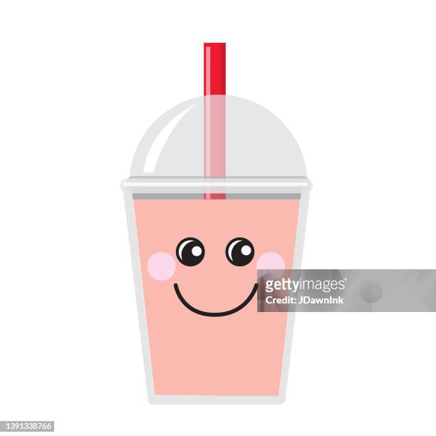 happy emoji kawaii face on bubble or boba tea peach flavor full color icon on white background - kawaii food stock illustrations