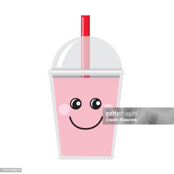 happy emoji kawaii face on bubble or boba tea strawberry flavor full color icon on white background - kawaii food stock illustrations