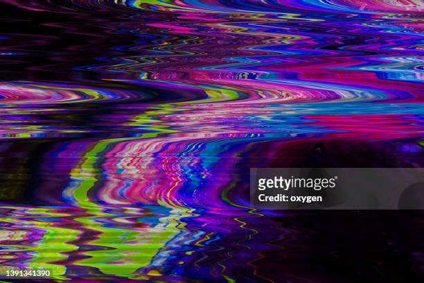 abstract mid-century distorted multicolored vibrant neon glitch textured black background - glitch technique stockfoto's en -beelden