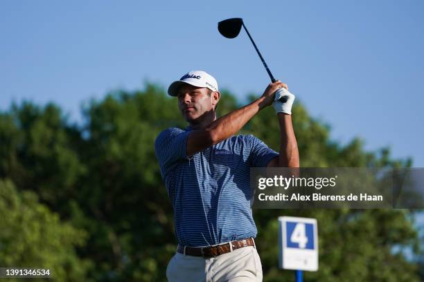 Shawn Stefani tees off from the fourth hole during the first round of the Veritex Bank Championship at Texas Rangers Golf Club on April 13, 2022 in...