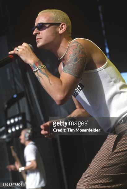 Brad Delson and Chester Bennington of Linkin Park perform during Ozzfest 2001 at Shoreline Amphitheatre on June 29, 2001 in Mountain View, California.