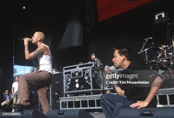 Chester Bennington and Mike Shinoda of Linkin Park perform during Ozzfest 2001 at Shoreline Amphitheatre on June 29, 2001 in Mountain View,...