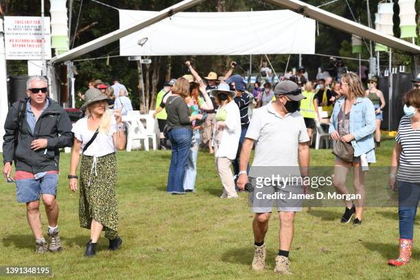 Festival visitors enter one of the main entrances during day one of the Byron Bay Bluesfest on April 14, 2022 in Byron Bay, Australia. The music...