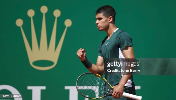 Carlos Alcaraz of Spain celebrates during day 4 of the Rolex Monte-Carlo Masters, an ATP Masters 1000 tournament held at the Monte-Carlo Country Club...