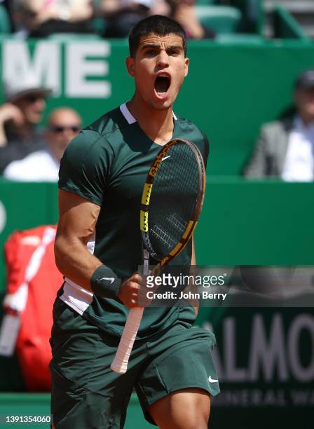Carlos Alcaraz of Spain celebrates during day 4 of the Rolex Monte-Carlo Masters, an ATP Masters 1000 tournament held at the Monte-Carlo Country Club...
