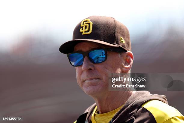 San Diego Padres manager Bob Melvin stands in the dugout during their game against the San Francisco Giants at Oracle Park on April 13, 2022 in San...