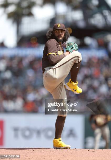 Sean Manaea of the San Diego Padres pitches \as at Oracle Park on April 13, 2022 in San Francisco, California.
